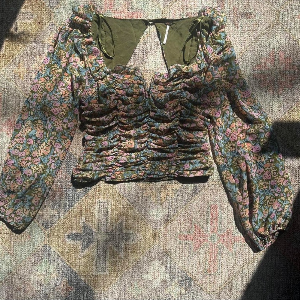 Free People Floral Ruched Green Women's Top | M